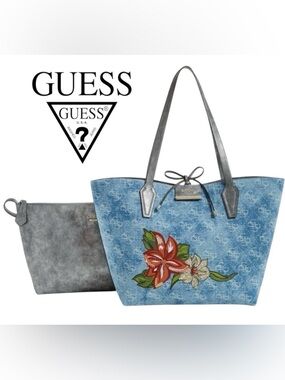 GUESS BOBBI INSIDE OUT TOTE BAG SET FLORAL REVERSIBLE DENIM EMBROIDERED
